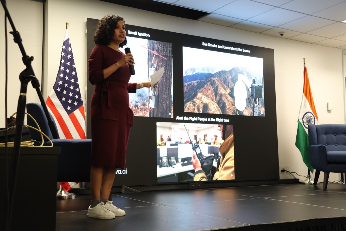 Navya Veeturi presenting WYWA&rsquo;s AI sensors on stage