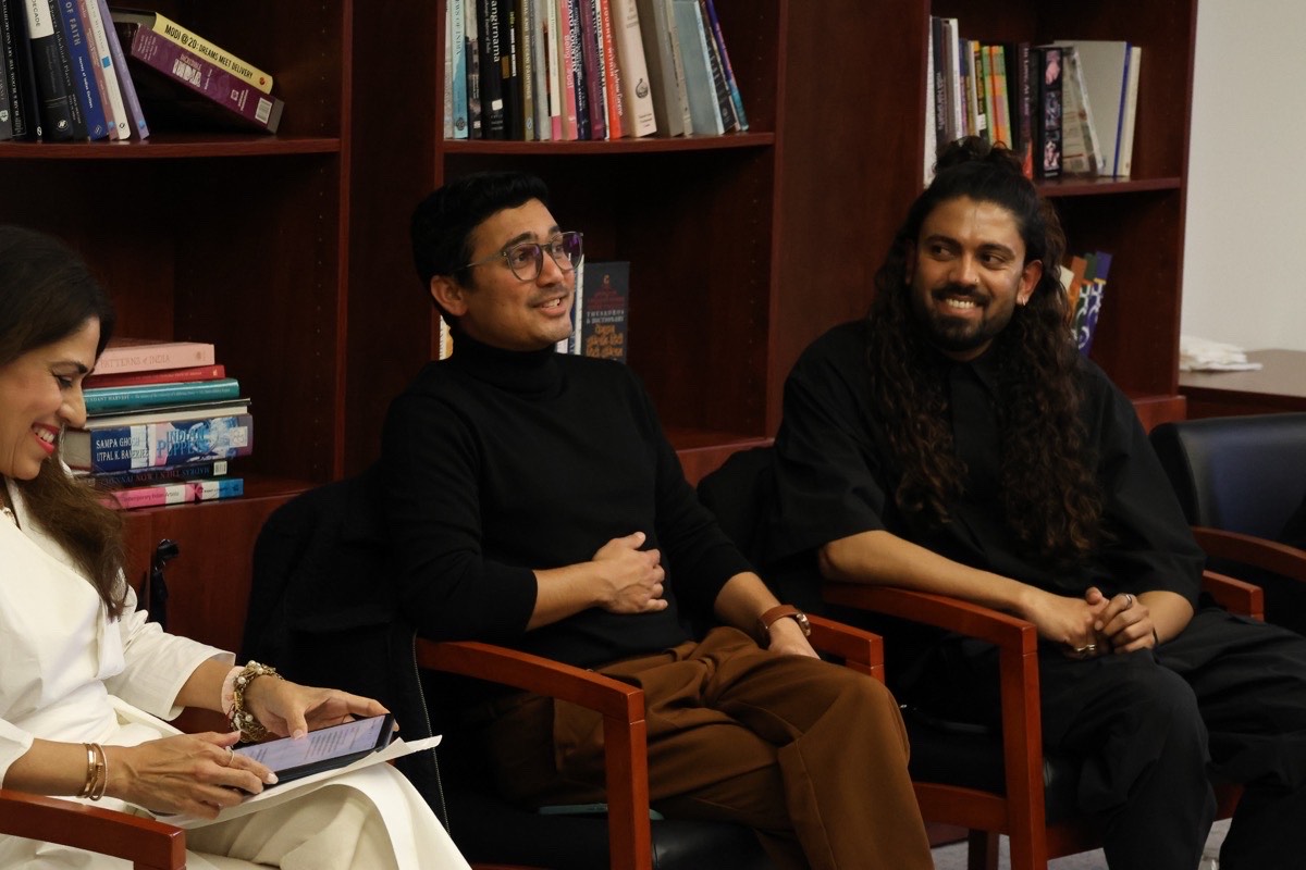 Supriya Gujral, Deepak Ramola, and Arvind Sanjeev during the AI Kiran panel in the Consulate library